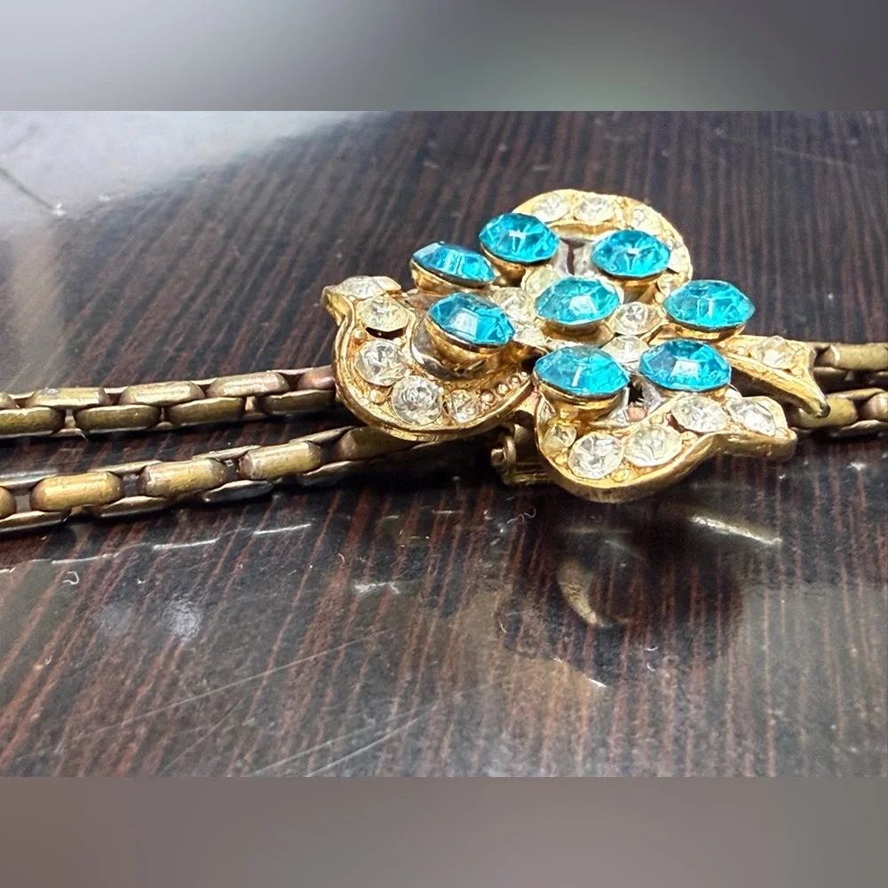 Vintage Clover Rhinestones‎ Bolo Style Slider Necklace Blue Turquoise Floral
